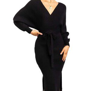 Elegant Batwing Sleeve V Neck Bodycon Dress Tie Waist Backless Wrap Pencil Dress